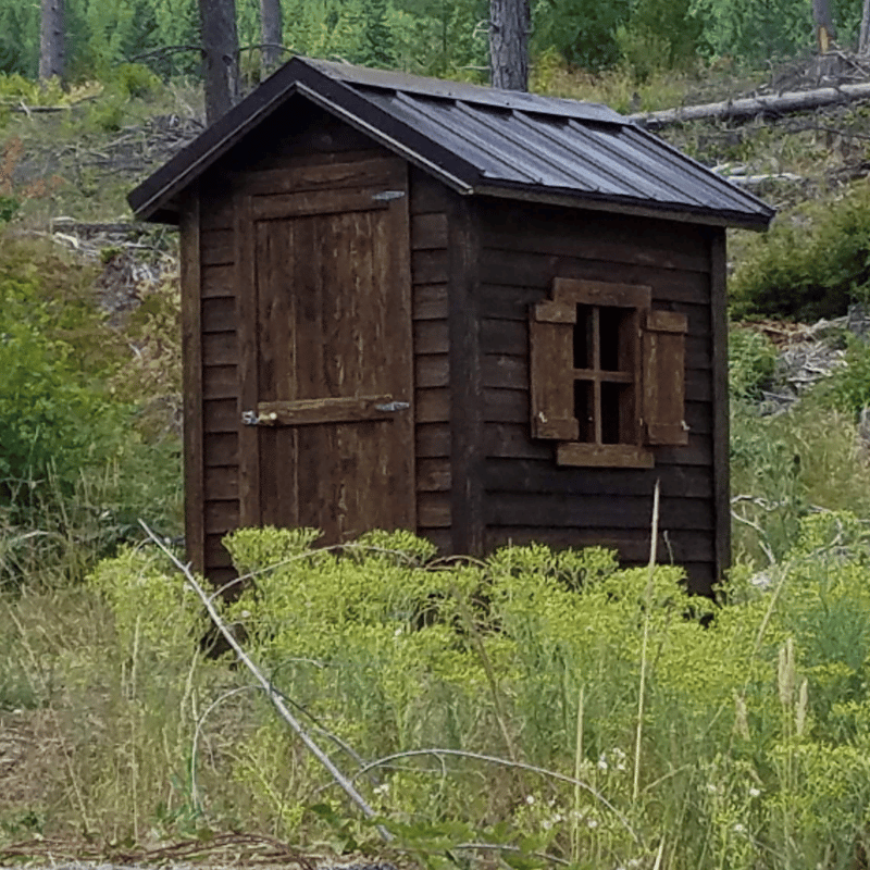DIY Oregon Timber Werks outhouse kit nestled in the forest, showcasing rustic design, craftsmanship, and eco-friendly features suitable for homesteading