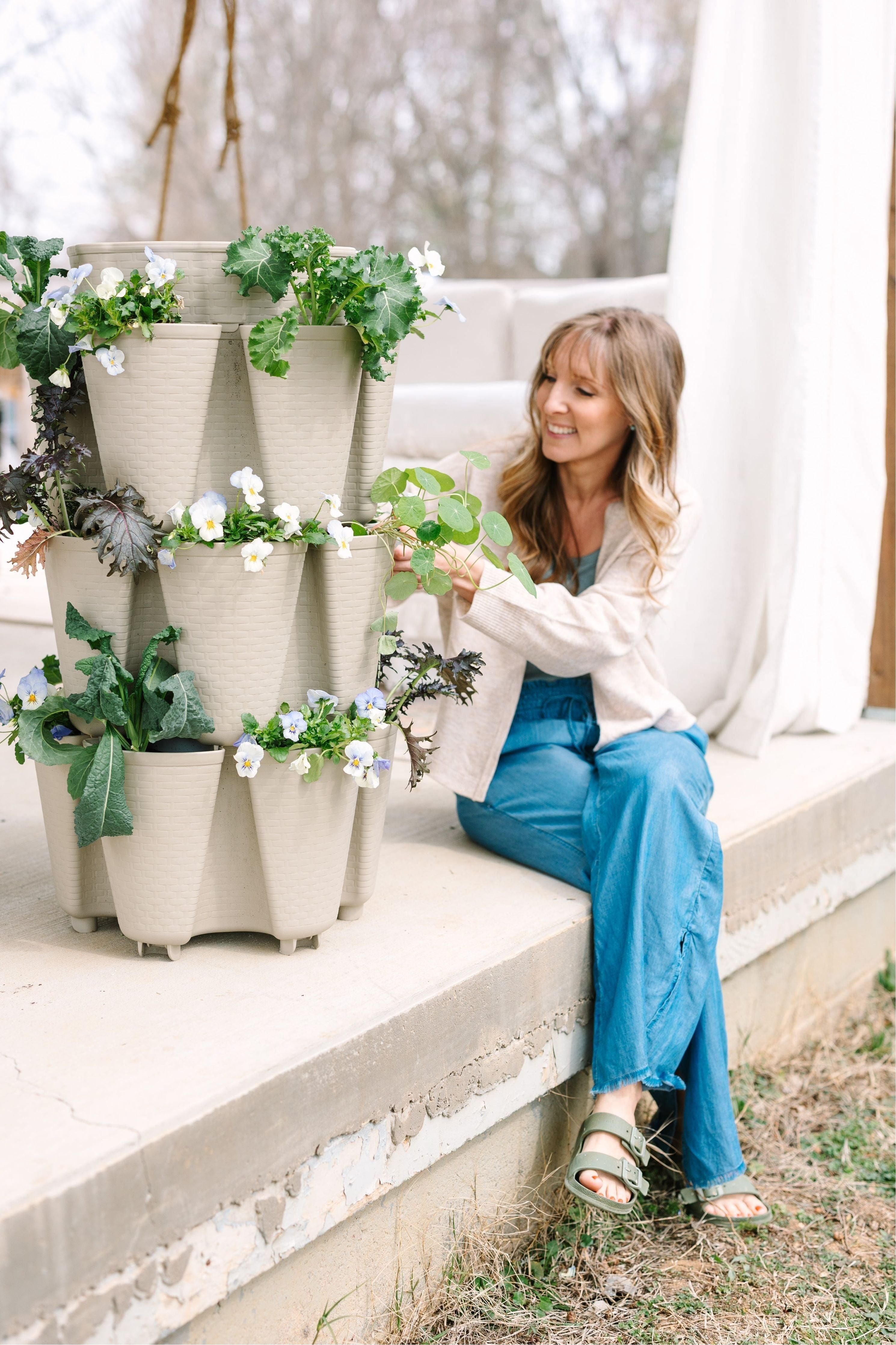 3 Tier GreenStalk Original Vertical Planter | Stunning Stone (Basket Weave Texture)