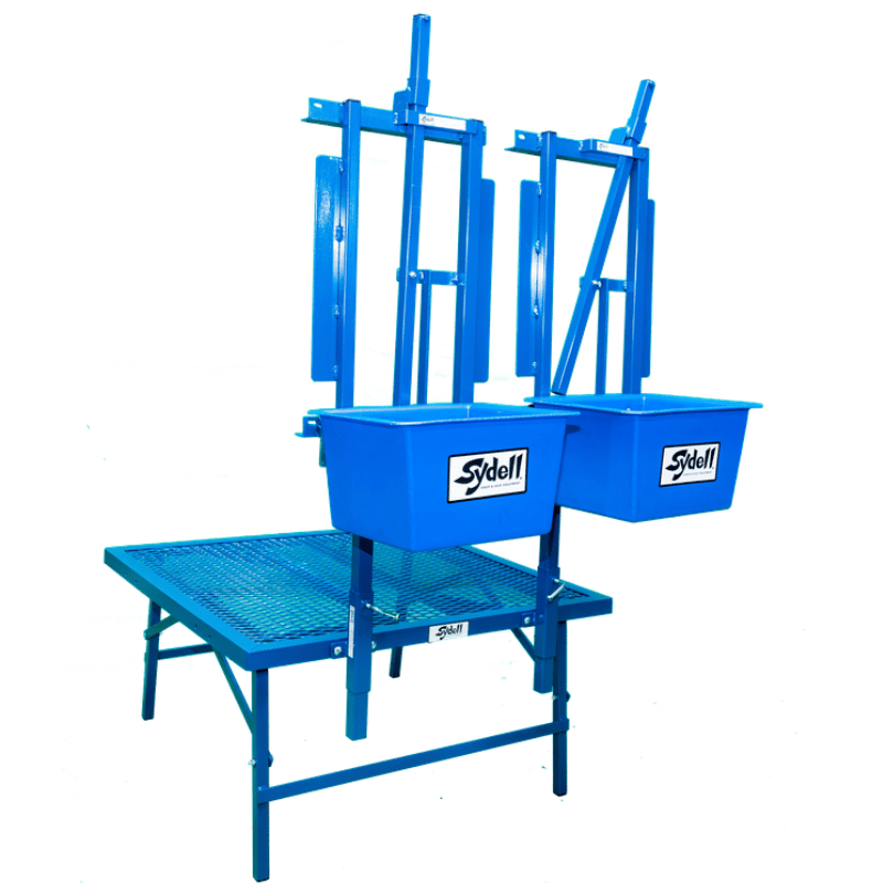 Sydell Double-Headed Milking Stanchion with Fold-up Stand and Poly Feeder: Premium Livestock Equipment for Efficient Dairy Goat and Sheep Milking Station