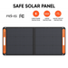 Solar panel with safety features and certification logos on a white background