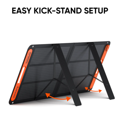 Solar panel with easy kick-stand setup feature on a white background