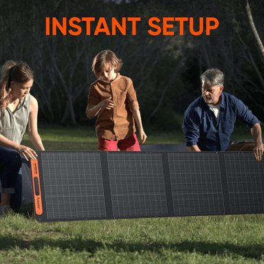 Family with a large solar panel outdoors, with 'Instant Setup' text above.