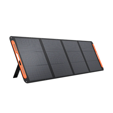 Foldable solar panel with orange accents on a white background