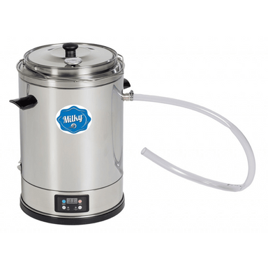 Milky milk pasteurizer processing fresh farm milk, ideal for small farms and homesteaders.