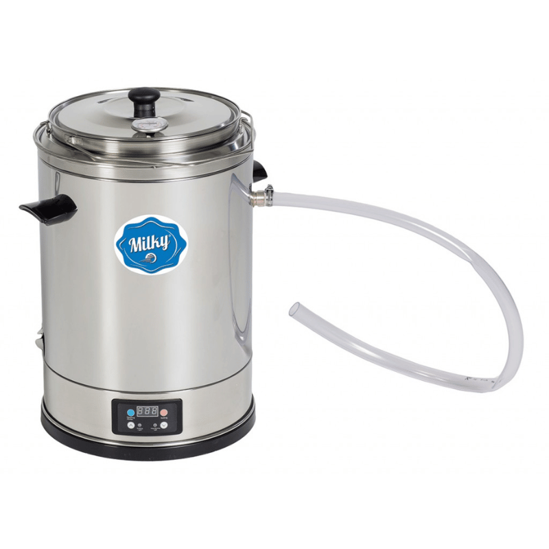 Milky milk pasteurizer processing fresh farm milk, ideal for small farms and homesteaders.